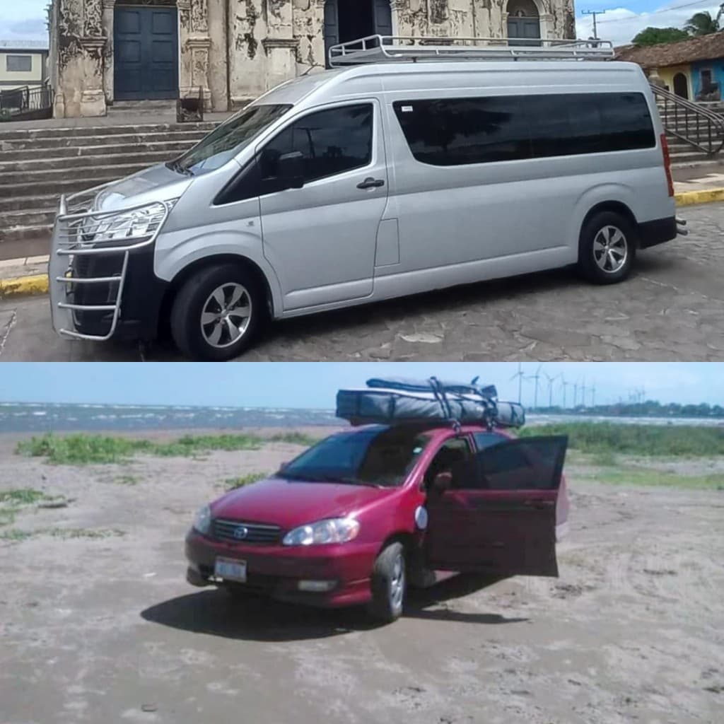 Passenger van and car with surfboards — tours and beach trips